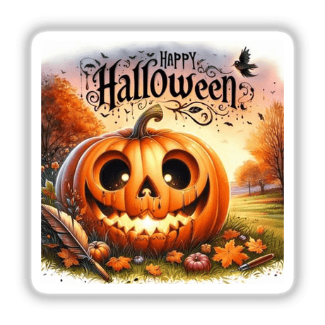 Bronze Halloween Series 2 sticker featuring a pumpkin with a carved face and decorative black text with bats and swirls in the background.