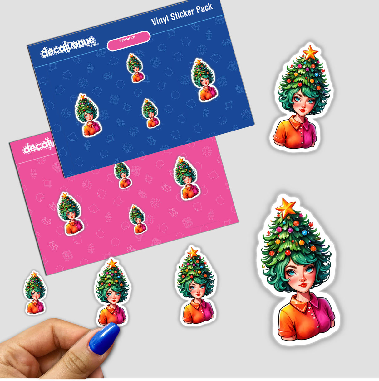 Sticker Design: Christmas Tree Lady with a Festive Xmas Tree Hat, featuring a cartoon woman adorned with a Christmas tree hat, available from Decal Venue as stickers or digital artwork.