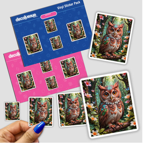 Sticker featuring A Lovely Owl With Blooming Flowers, showcasing a colorful owl perched on a branch, encapsulating Decal Venue's unique vinyl sticker and digital art offerings.