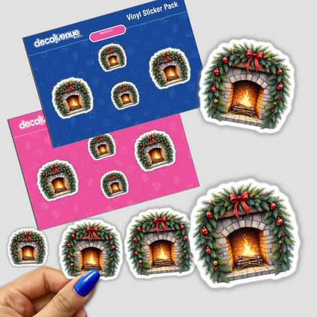 Cozy Fireplace in a Christmas Wreath sticker features a detailed fireplace adorned with a garland of branches, red balls, and a bow. Available as stickers or digital artwork.