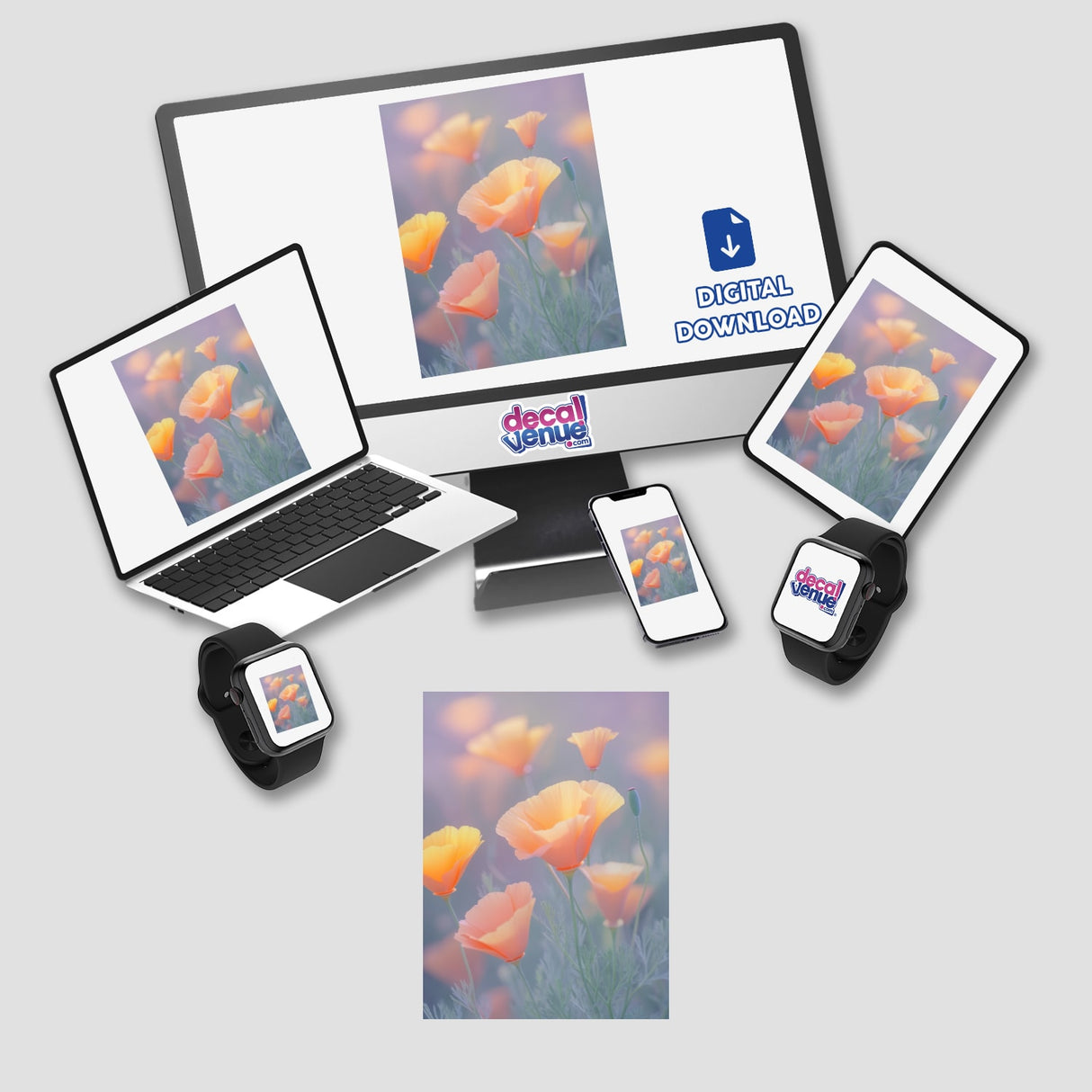 Dreamy Pastel California Poppies in Gentle Bloom showcased on a laptop and smartwatch screens, available as unique stickers or digital artwork from Decal Venue.