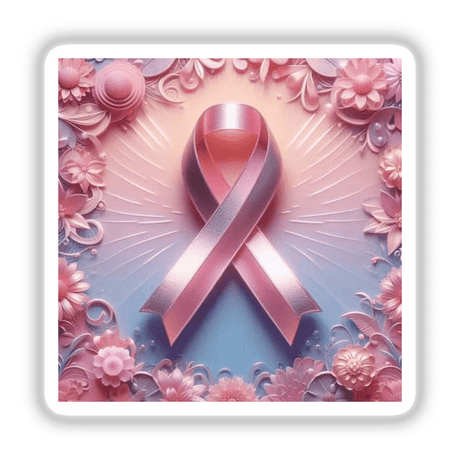 Breast Cancer Silver Series 1: A pink ribbon adorned with flowers, available as stickers or digital artwork.