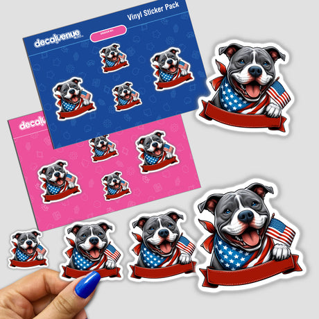 Colorful vinyl stickers of a proud American pitbull dog with a patriotic bandana, displaying the brand "Pittie Pawty" from the Decal Venue store, available as digital downloads or physical stickers.