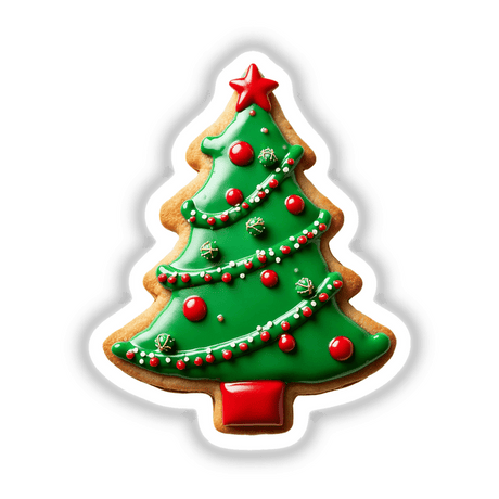 Festive Christmas Cookie Tree Design, available as stickers or digital artwork, showcasing a cookie shaped like a Christmas tree decorated with ornaments.