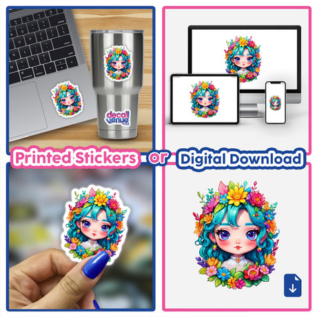 Kawaii Floral Princess: Cute Girl with Rainbow Floral Crown Sticker displayed on a laptop and cup, highlighting the cartoon character's vibrant design.