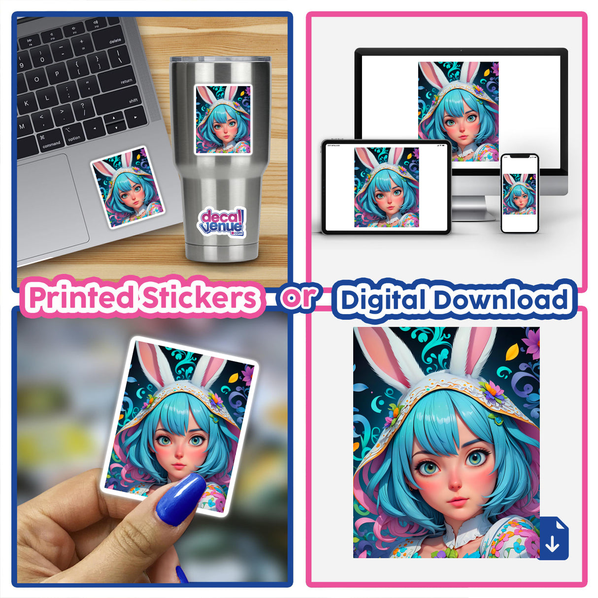 Collage featuring A Cute Easter Bunny Girl sticker on a laptop, highlighting a cartoon girl with blue hair and bunny ears, available as stickers or digital artwork from Decal Venue.