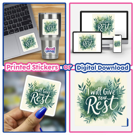 I Will Give You Rest – Exodus 33:14 Christian Sticker or Clipart with Commercial Rights, featuring a collage of stickers, a laptop with a sticker, and a close-up of a sticker.