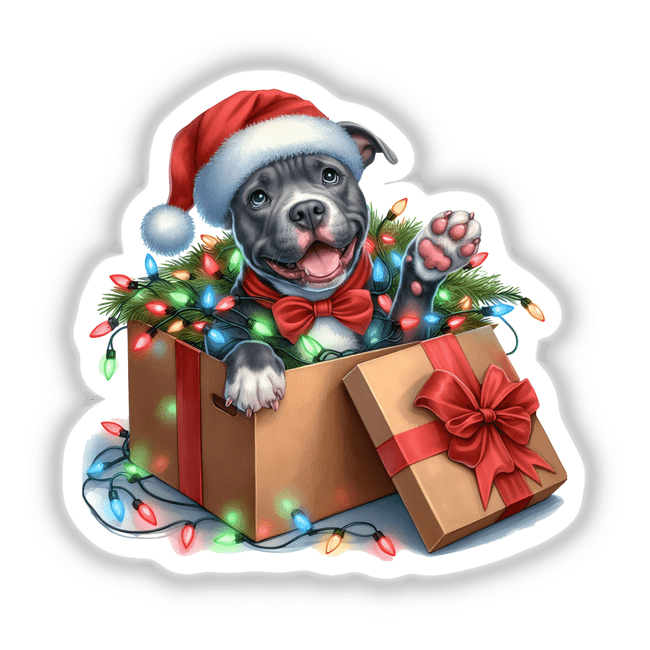 Santa Pitbull Dog in a Christmas Box V: A charming pitbull wearing a Santa hat and bow tie sits in a festive box adorned with lights, available as stickers or digital artwork.