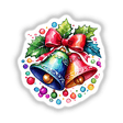 Jingle Bells with Holly: Festive Sticker featuring colorful bells adorned with a bow and holly leaves, available as stickers or digital artwork.