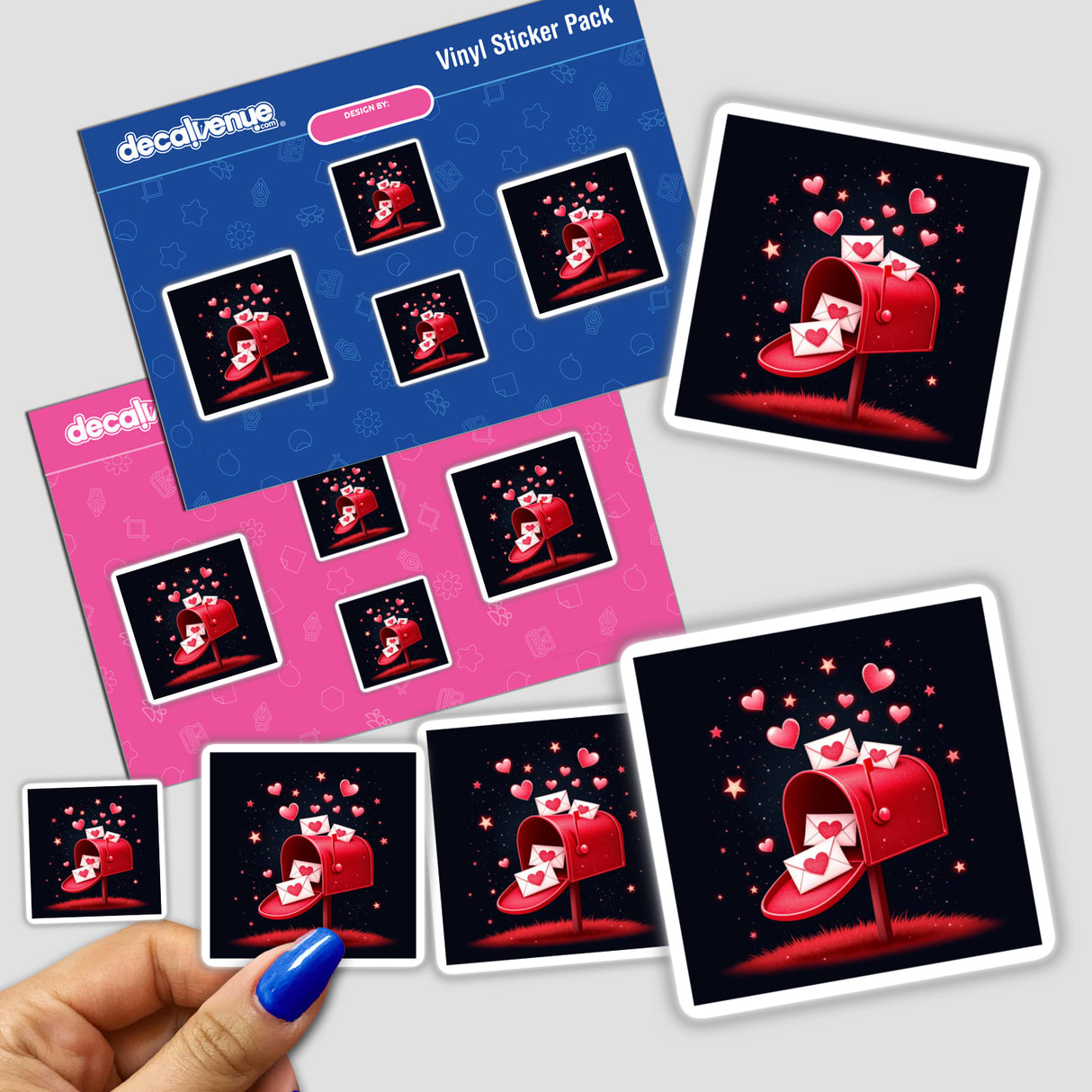 Sticker pack featuring a Red Mailbox with Love Letters and Pink Hearts, held in a hand, showcasing the vibrant and unique design typical of Decal Venue's collection. Available as stickers or digital artwork.