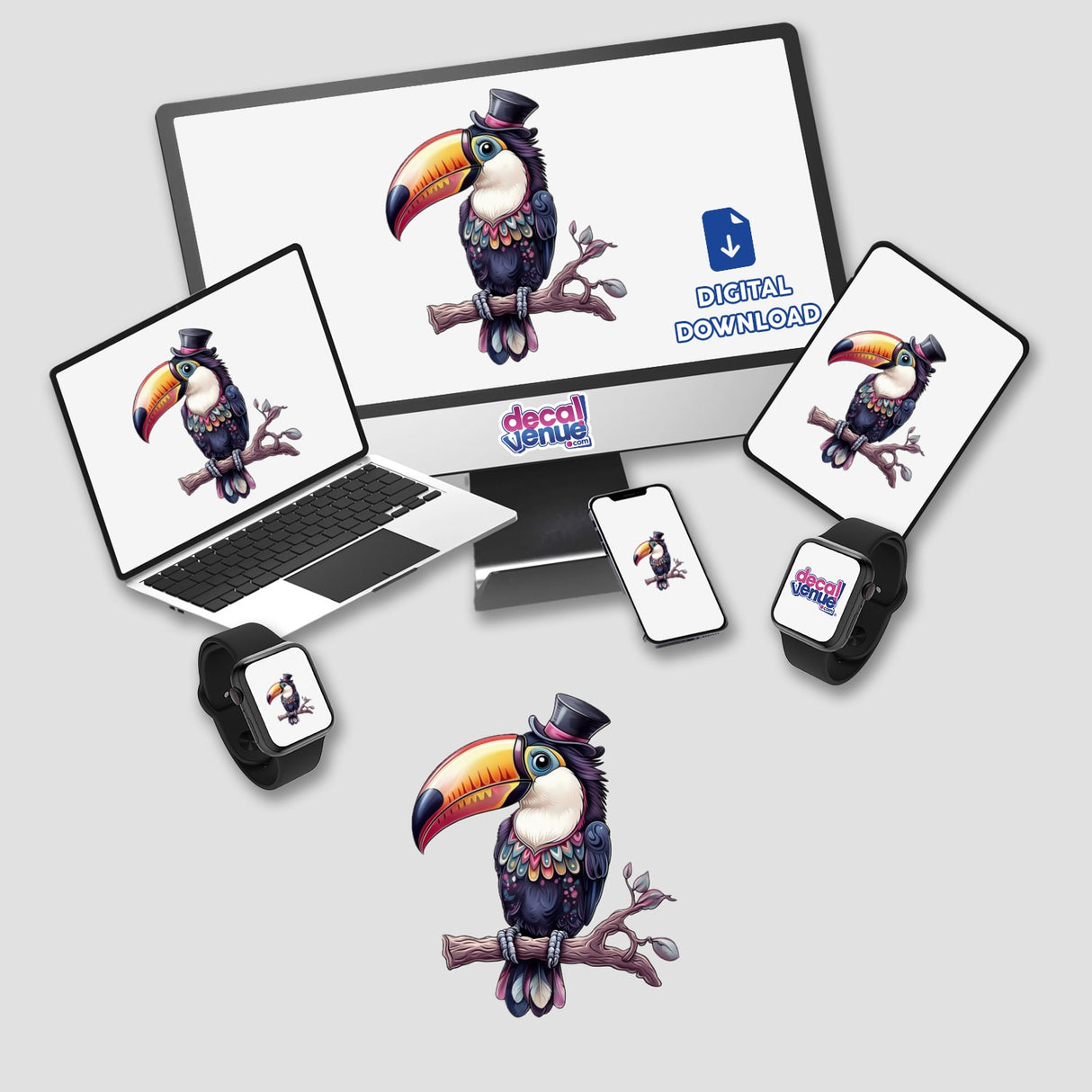 Elegant Toucan with a Colorful Beak and Stylish Top Hat displayed on a computer monitor and laptop, available as unique stickers or digital artwork from Decal Venue.