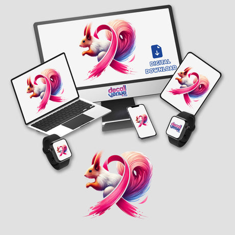 Squirrel Pink Ribbon Breast Cancer artwork displayed on a computer monitor and laptop screen, featuring a cartoon squirrel with a pink ribbon, available as stickers or digital art.