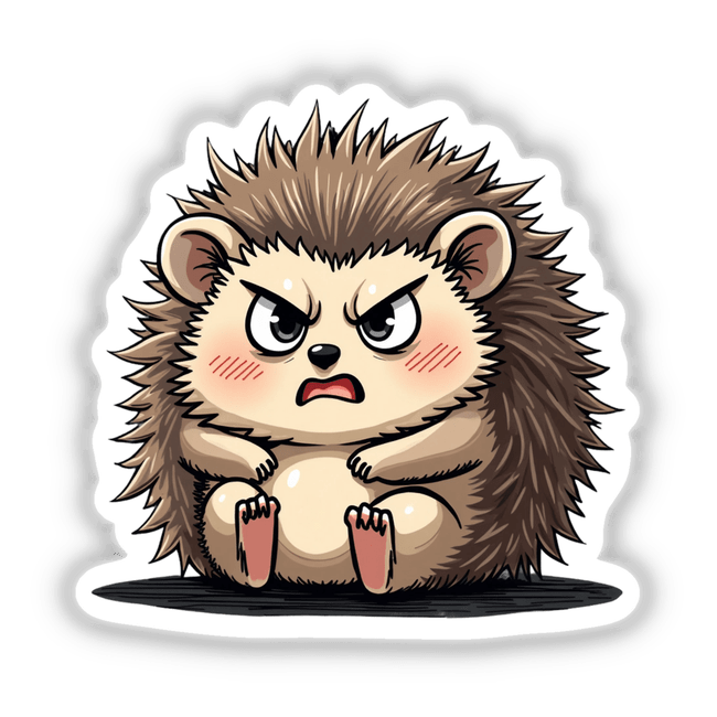 Cute Angry Hedgehog Cartoon sticker or digital artwork depicting a hedgehog with exaggerated angry eyes, furrowed eyebrows, and a frowning mouth.