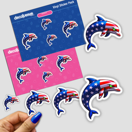 A Cool American Flag Dolphin sticker featuring a cartoon dolphin adorned with flag elements, available as a sticker or digital artwork, showcasing Decal Venue's unique design flair.