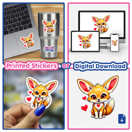 Cute Fennec Fox with Love Hearts sticker collage, featuring playful fox cartoons on various items like cups and laptops, available as stickers or digital artwork from Decal Venue.