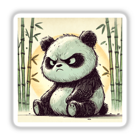 Frowning Panda in a Bamboo Forest: A cartoon illustration of a panda sitting amidst bamboo trees, available as stickers or digital artwork.