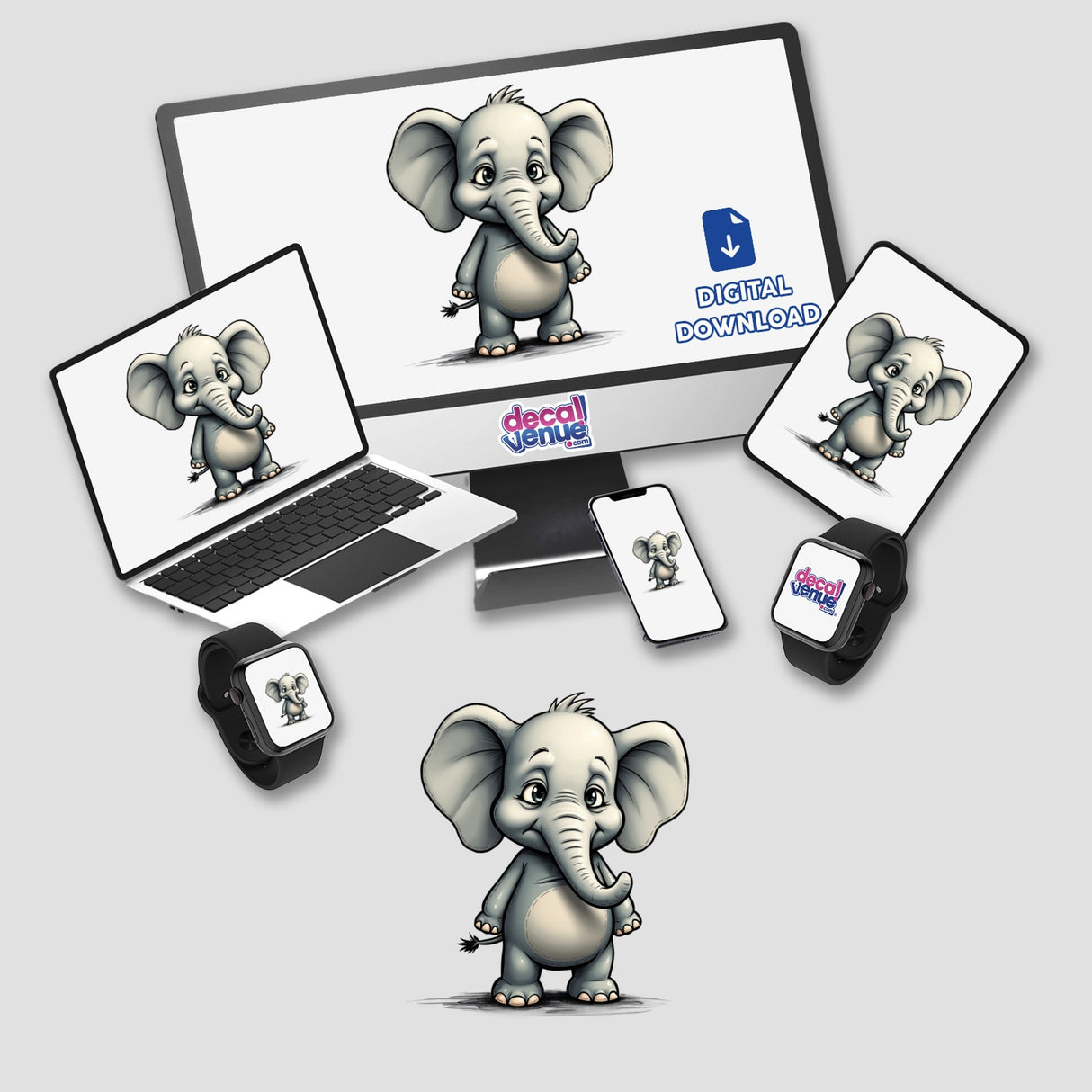 Cute Cartoon Baby Elephant with Big Ears displayed on a computer monitor, laptop, tablet, and smartphone, available as stickers or digital artwork.