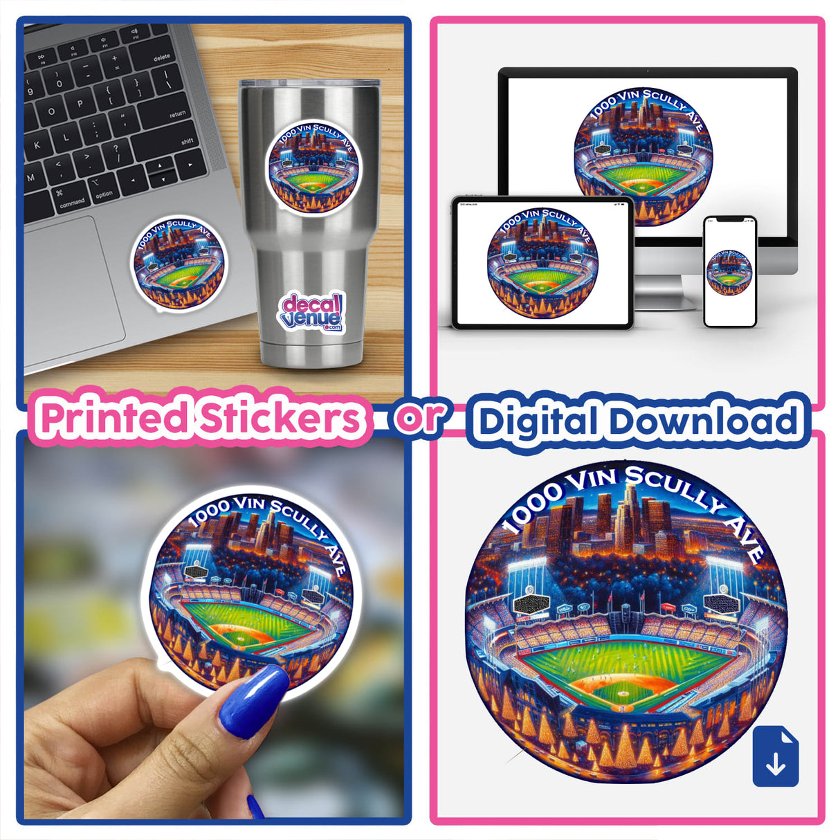 Dodger Stadium from above, depicted on a sticker or digital artwork, features a detailed view of the baseball field with a cityscape backdrop, ideal for fans of unique stickers and digital art.