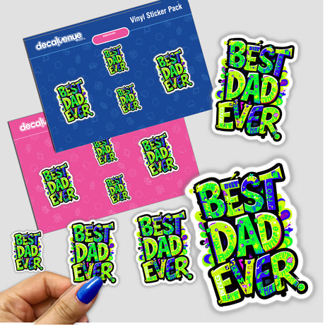 Sticker displaying Best Dad Ever in vibrant design, held by a hand, showcasing unique typography and style, available as a sticker or digital artwork from Decal Venue.