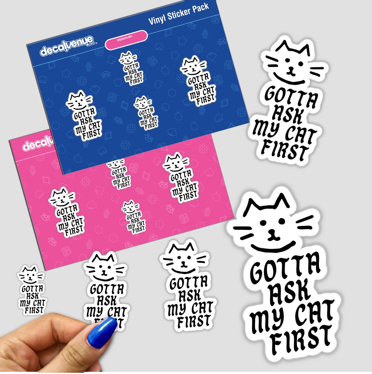 Gotta Ask My Cat stickers feature whimsical cat faces, capturing playful expressions, available as vinyl stickers or digital artwork, showcasing Decal Venue's unique design flair.