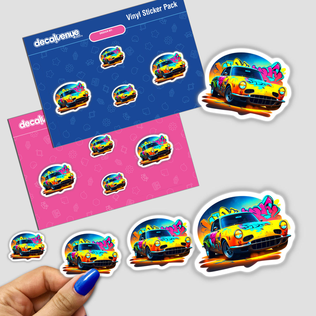 Sticker pack featuring A Classic Graffiti Car design, showcased with a hand for scale. Available as vinyl stickers or digital artwork, perfect for fans of unique street art.