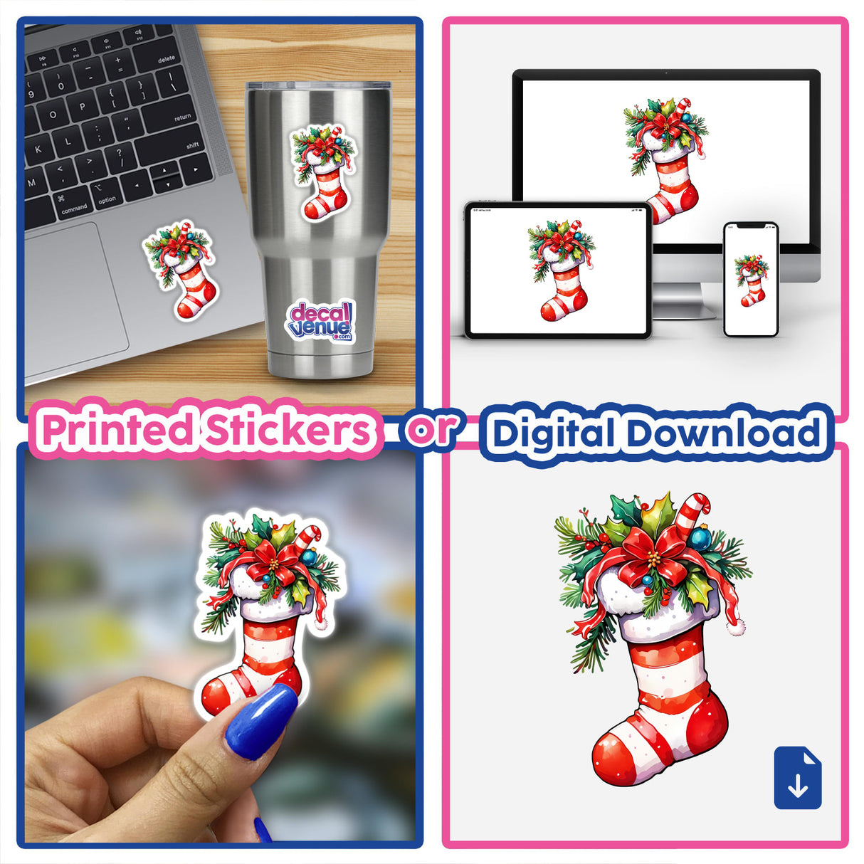 Festive Christmas Stocking: Cozy Sticker Design with Holiday Cheer displayed on a laptop, showcasing its vibrant and festive appeal, perfect for adding seasonal spirit to your devices.