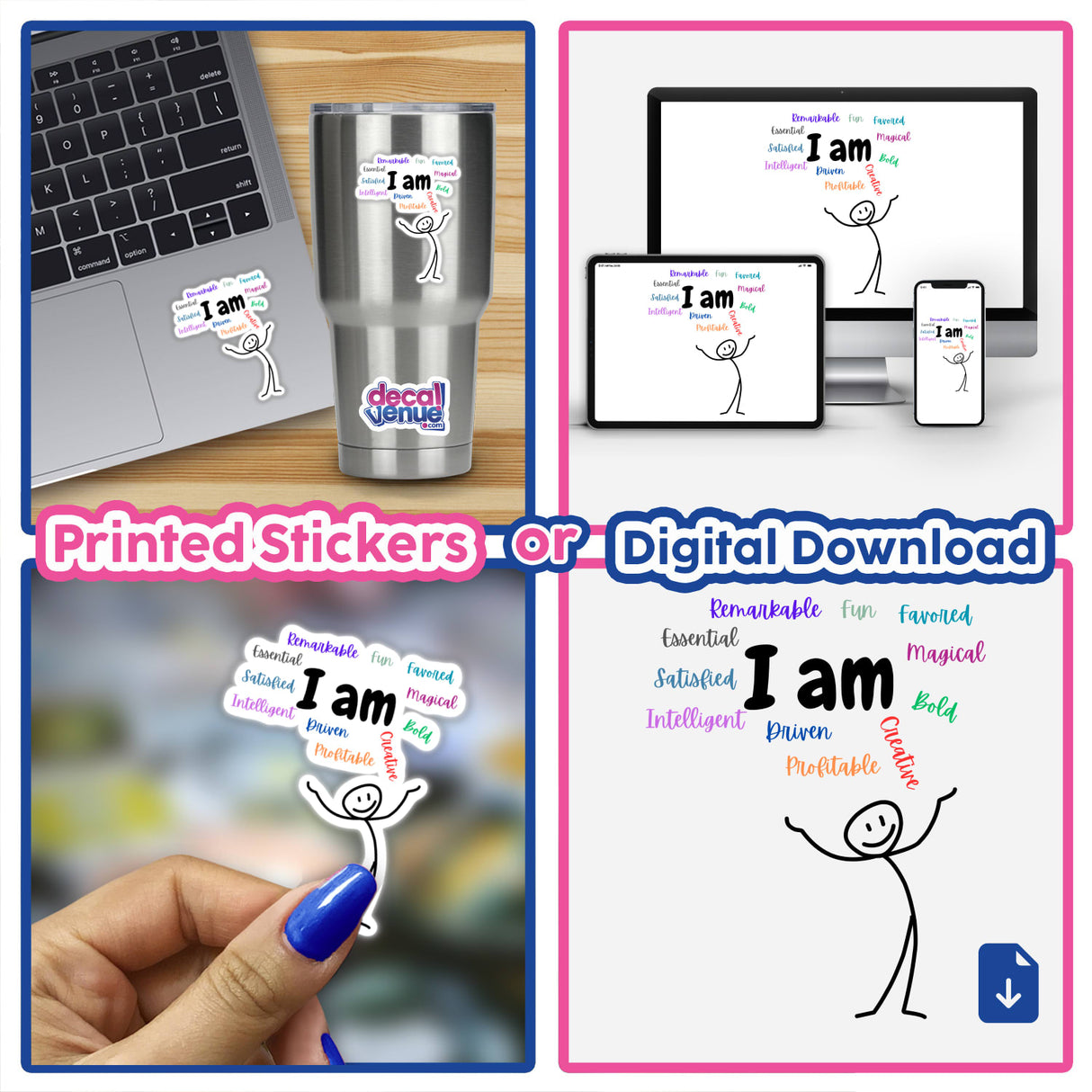 Collage featuring I Am Inspirational Quotes stickers and digital artwork, showcasing stick figures and text elements on various surfaces like laptops and cups, offered by Decal Venue.