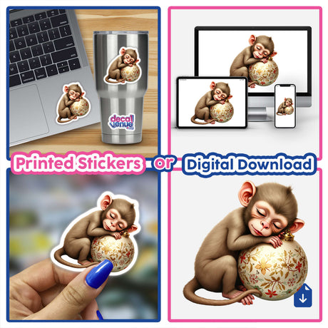 Monkey Sleeping on Christmas Ornament sticker available at Decal Venue, shown as a cute cartoon monkey cuddling an ornament, perfect as stickers or digital download.