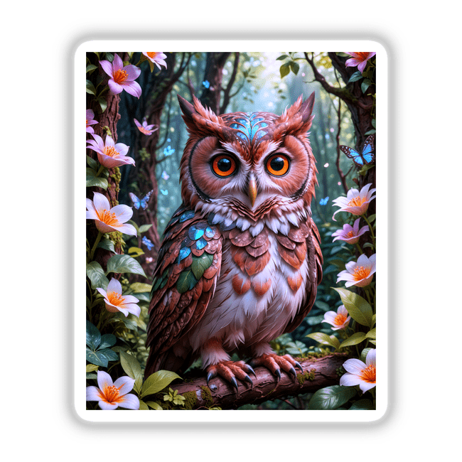 A Lovely Owl With Blooming Flowers: A vibrant owl perched on a branch, surrounded by intricate flowers, perfect for stickers or digital artwork from Decal Venue.