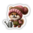 Adorable Pomeranian in cute garden gnome outfit holding watering can, digital artwork from Decal Venue shop