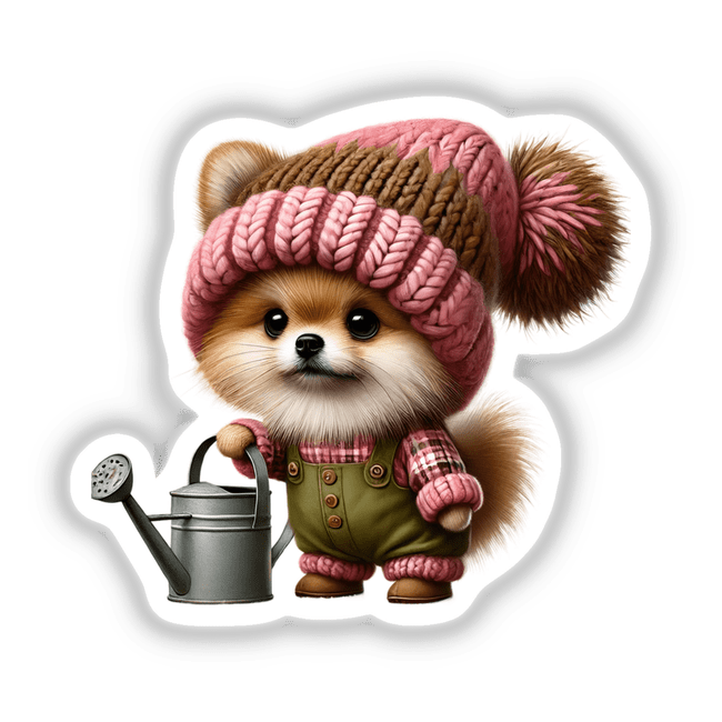 Adorable Pomeranian in cute garden gnome outfit holding watering can, digital artwork from Decal Venue shop