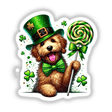 St Patrick's Goldendoodle Dog wearing a hat and bow tie, holding a lollipop, available as unique stickers or digital artwork from Decal Venue.