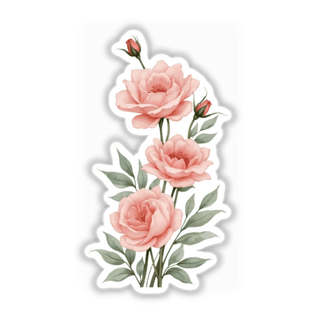 Rose Garden Watercolor Sticker for Journaling - Clipart & Commercial Rights Download: A close-up of intricately detailed pink flowers and green leaves, showcasing a vibrant floral design ideal for creative projects.