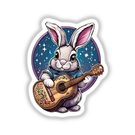 Musical Bunny with Decorative Guitar: A cartoon rabbit strums a guitar, surrounded by whimsical stars, available as stickers or digital artwork from Decal Venue.