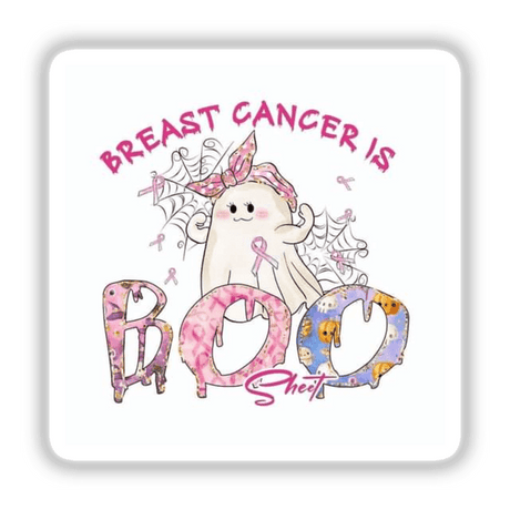 Gold Breast Cancer Series 10: A cartoon ghost with a bow, accompanied by a pink and yellow floral letter. Available as stickers or digital artwork.