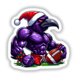 Muscular Purple Raven Bird in Santa Hat, cartoon-style, holding a football. Available as unique stickers or digital artwork from Decal Venue. Perfect for those seeking distinctive, playful designs.