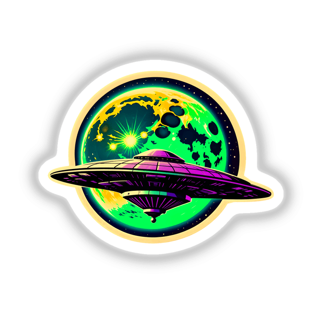 Cartoon illustration titled A UFO In Front Of A Moon, featuring a whimsical purple UFO hovering near a green planet, available as stickers or digital artwork from Decal Venue.