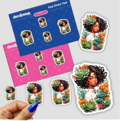 Botanical Afro-Korean Portrait Sticker featuring a woman with succulents intertwined in her hair, highlighting a unique, succulent-inspired design. Available as stickers or digital artwork.