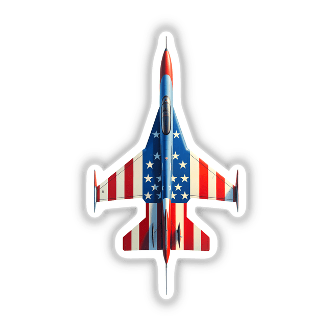 A Cool American Flag Fighter Jet sticker, showcasing a detailed airplane design adorned with stars and stripes, available as unique stickers or digital artwork from Decal Venue.