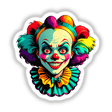 A Crazy Clown Girl cartoon illustration featuring a whimsical clown face with vibrant hair and exaggerated features, available as unique stickers or digital artwork from Decal Venue.