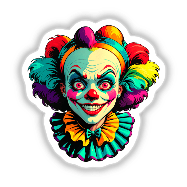 A Crazy Clown Girl cartoon illustration featuring a whimsical clown face with vibrant hair and exaggerated features, available as unique stickers or digital artwork from Decal Venue.