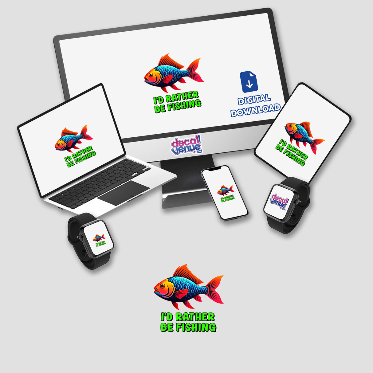 I'd Rather Be Fishing design on laptop, monitor, and smartwatch screens, featuring a colorful fish. Available as stickers or digital artwork from Decal Venue.