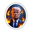 President Donald Trump depicted with white hair and a suit, surrounded by flames, is featured as a unique sticker or digital artwork, capturing a striking and artistic representation.