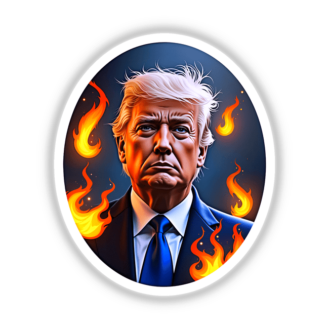 President Donald Trump depicted with white hair and a suit, surrounded by flames, is featured as a unique sticker or digital artwork, capturing a striking and artistic representation.