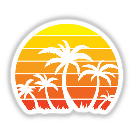 Retro Vintage Sunset And Palm Trees design featuring stylized sun and palm trees, available as unique stickers or digital artwork from Decal Venue.