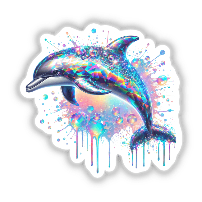 Colorful holographic dolphin leaping among vibrant splashes and drips, creating a dynamic and eye-catching digital artwork.