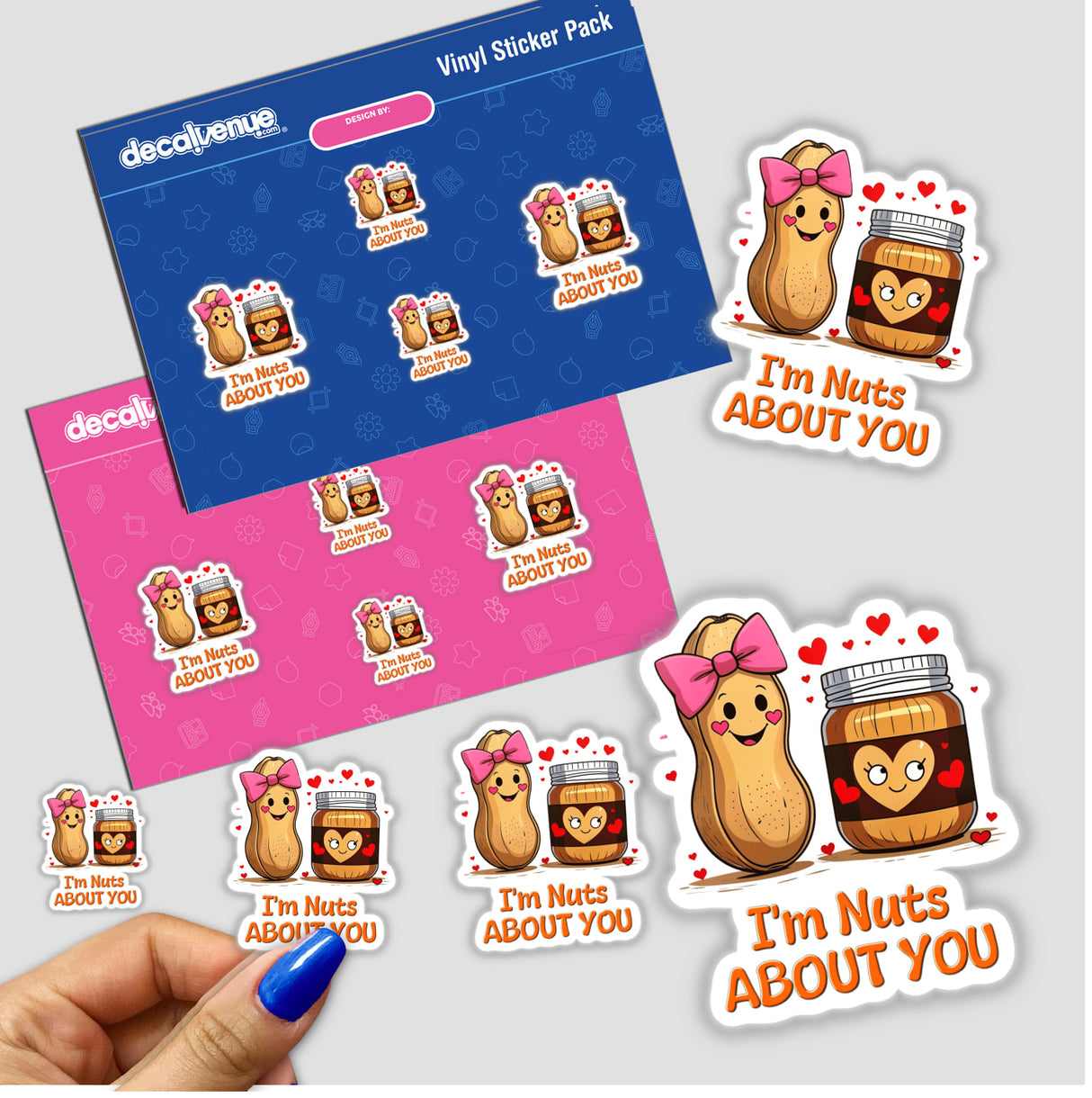 I'm Nuts About You sticker pack featuring cartoon peanuts with pink bows, available as vinyl stickers or digital artwork, ideal for personalizing envelopes or nails.