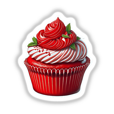 Delectable red velvet cupcake with creamy frosting and festive garnishes, presented on a white background.