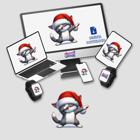 Dabbing Christmas Santa Cat in Hat digital artwork featuring a cat in a Santa hat performing the dab pose, shown on various devices like a laptop and tablet. Available as stickers or digital artwork.