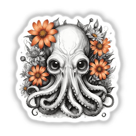 Captivating octopus portrait with vibrant floral accents on a white background.